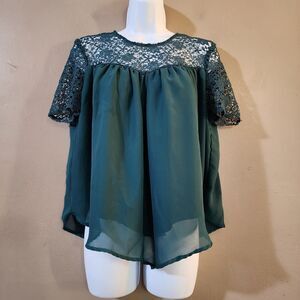 JW Style Womens Pullover Blouse Size S Dark Teal Pleated Asymmetric Lace Lined